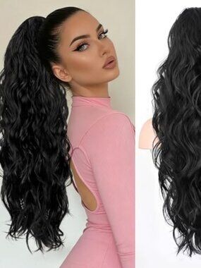 BRAND NEW 26 Inch Natural Synthetic Hairpiece Ponytail Extension Long Wave Black